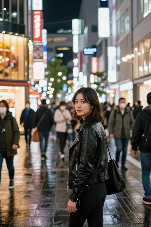 「雨の東京ネオン街で振り返るストリートスナップ」のプロンプトを探す