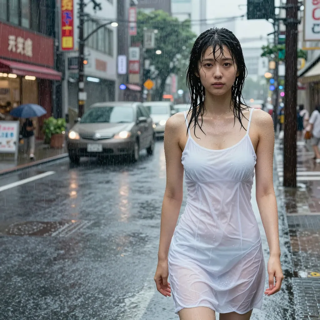 【実験】雨に濡れた屋外シーン検証|白Tシャツ・ブラウス・ワンピースで透け方はどう変わるか